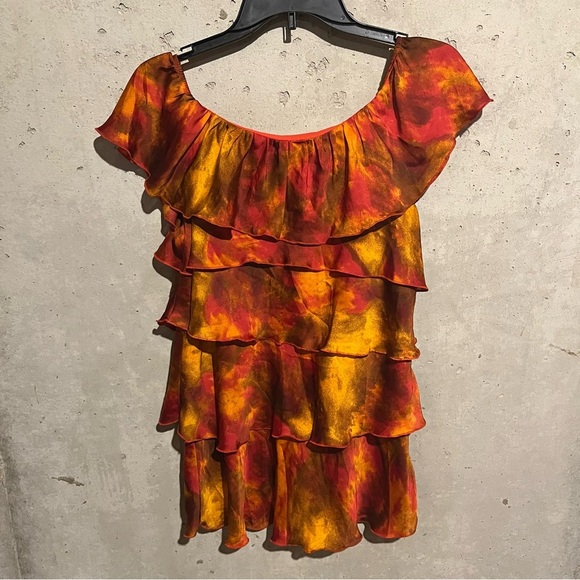 Colleen Lopez Top Size M Orange Tiered Ruffles Layered Short Sleeve Fall Autumn - Picture 6 of 8